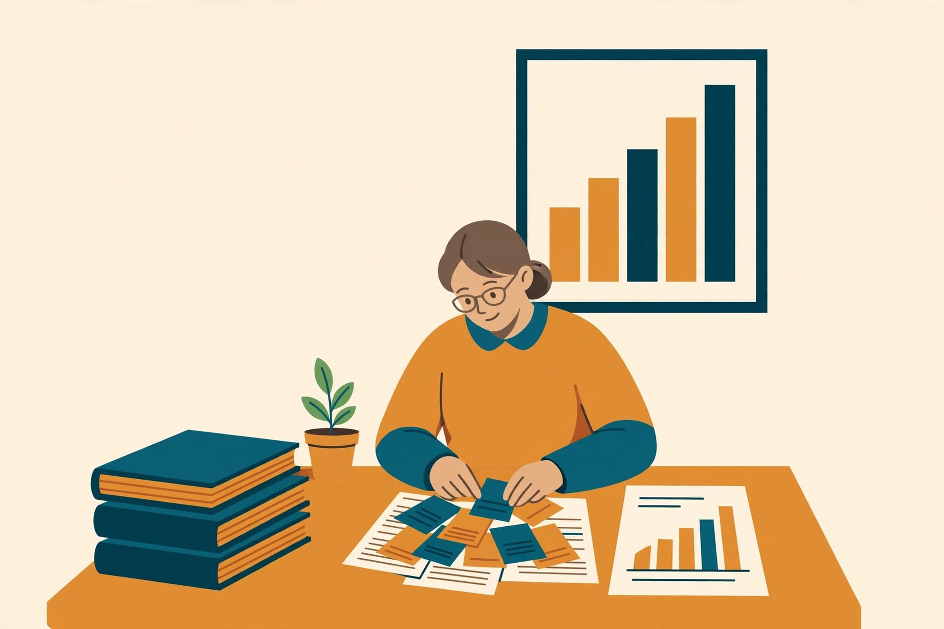 Illustration of a teacher organising student record cards and a result sheet