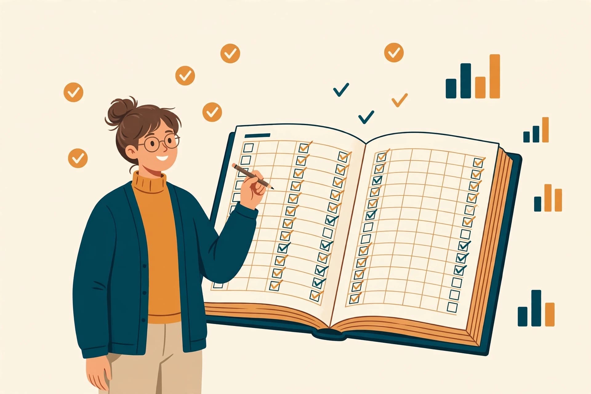 Illustration of a teacher holding a gradebook with attendance checkmarks